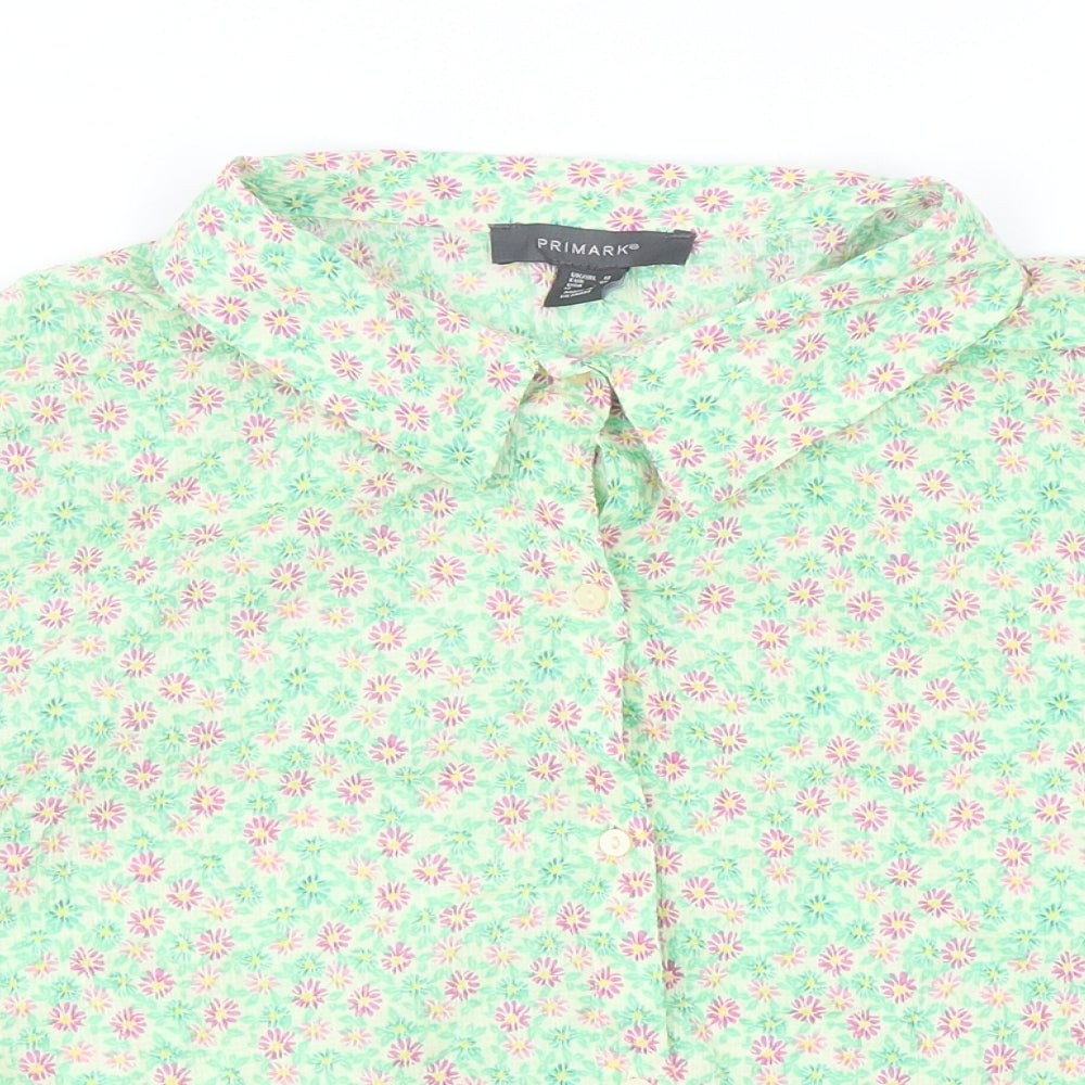 Primark Womens Green Floral Cotton Basic Button-Up Size 18 Collared - Box Fit Shirt