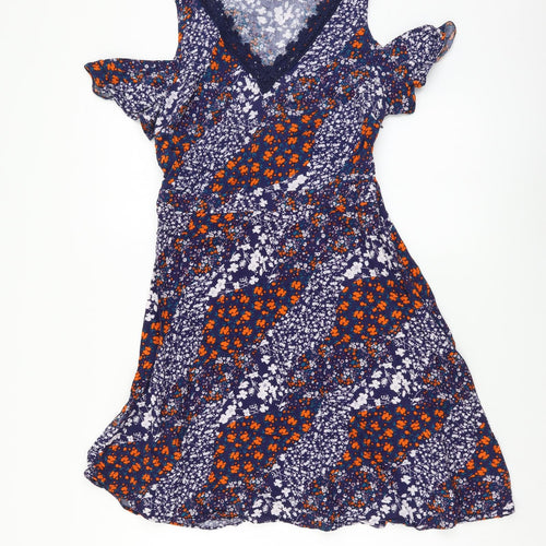Peacocks Womens Multicoloured Floral Viscose Fit & Flare Size 8 V-Neck Zip - Cold Shoulder
