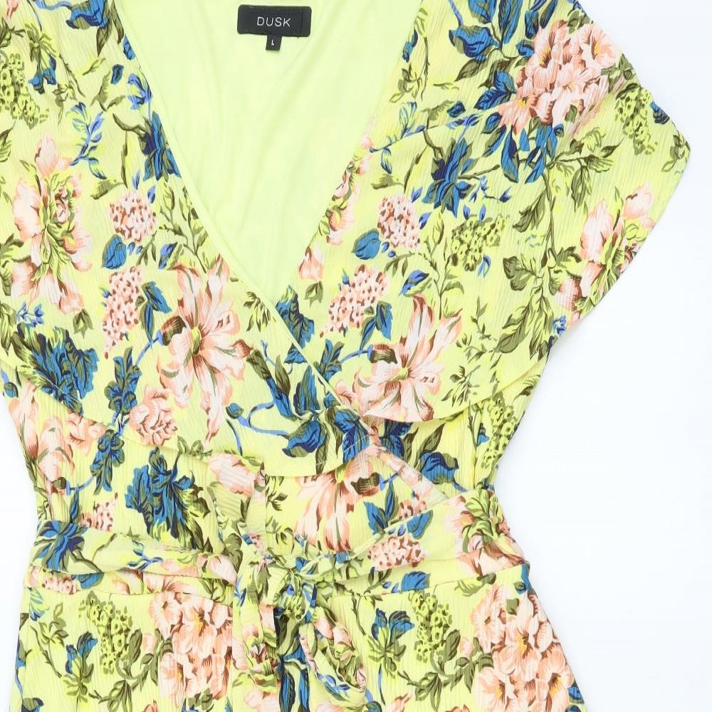 dusk Womens Yellow Floral Polyester Fit & Flare Size L V-Neck Pullover