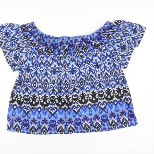 M&Co Womens Blue Geometric Polyester Basic T-Shirt Size S Boat Neck