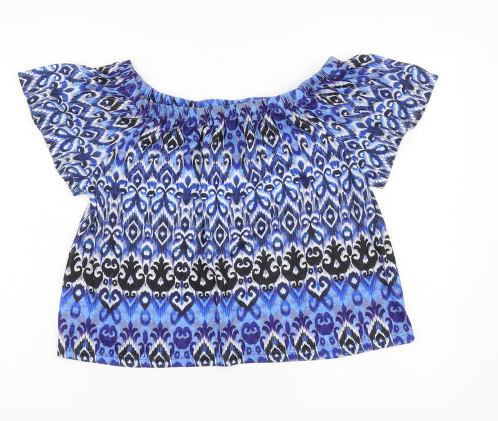 M&Co Womens Blue Geometric Polyester Basic T-Shirt Size S Boat Neck