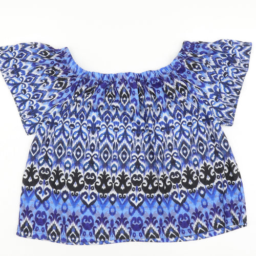 M&Co Womens Blue Geometric Polyester Basic T-Shirt Size S Boat Neck