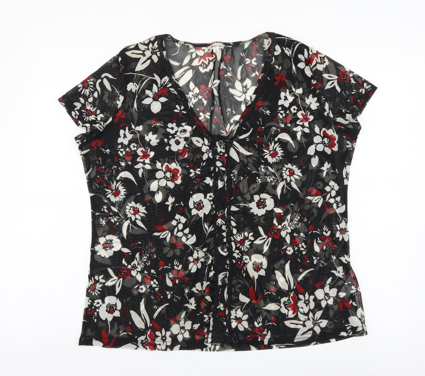 M&Co Womens Black Floral Polyester Basic Blouse Size 18 V-Neck