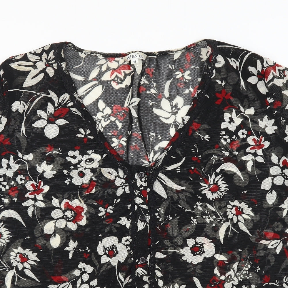 M&Co Womens Black Floral Polyester Basic Blouse Size 18 V-Neck