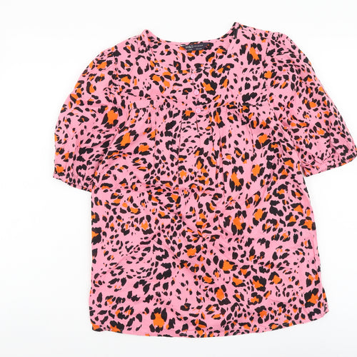Marks and Spencer Womens Pink Animal Print Cotton Basic Blouse Size 6 Round Neck - Leopard Print