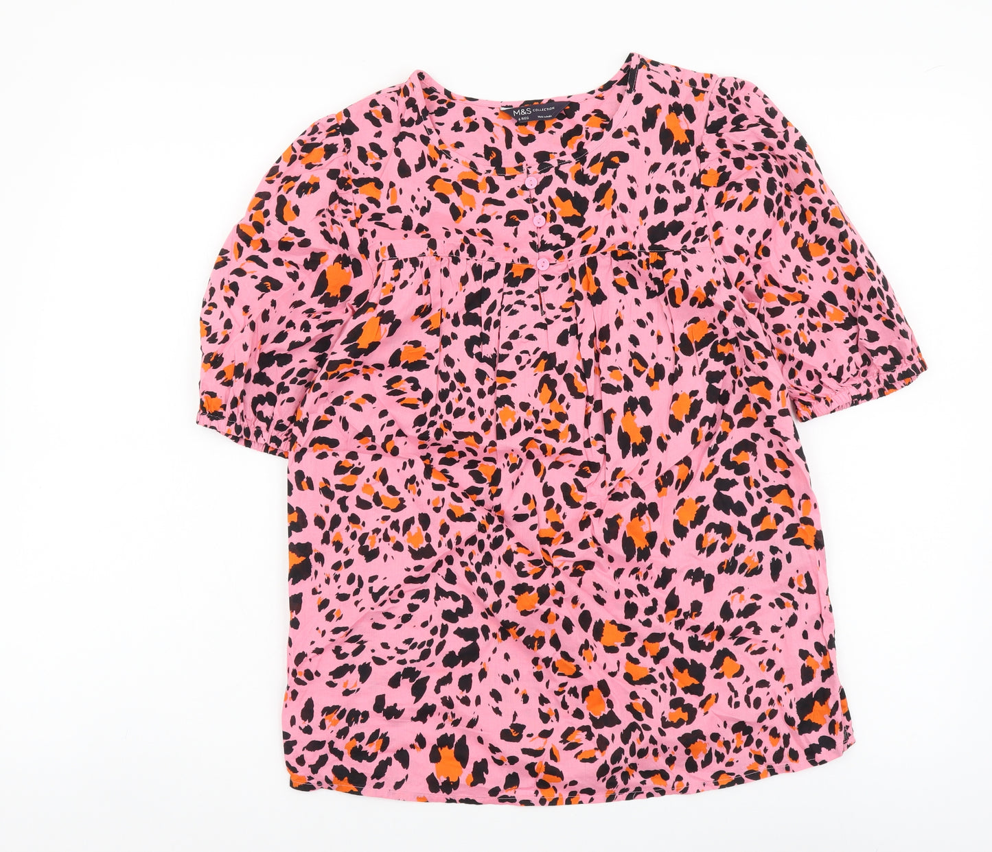 Marks and Spencer Womens Pink Animal Print Cotton Basic Blouse Size 6 Round Neck - Leopard Print