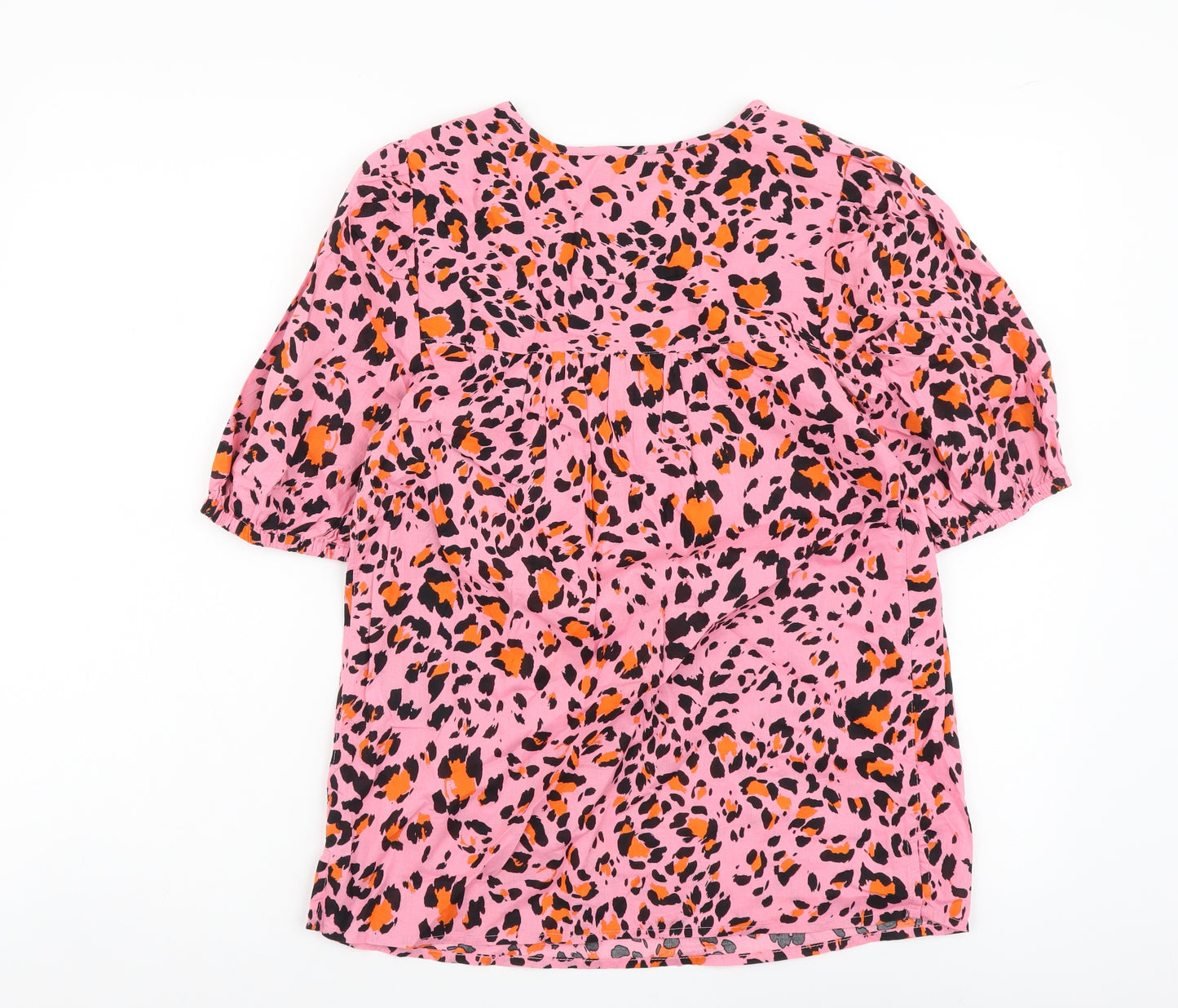 Marks and Spencer Womens Pink Animal Print Cotton Basic Blouse Size 6 Round Neck - Leopard Print