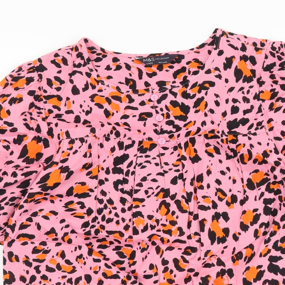 Marks and Spencer Womens Pink Animal Print Cotton Basic Blouse Size 6 Round Neck - Leopard Print