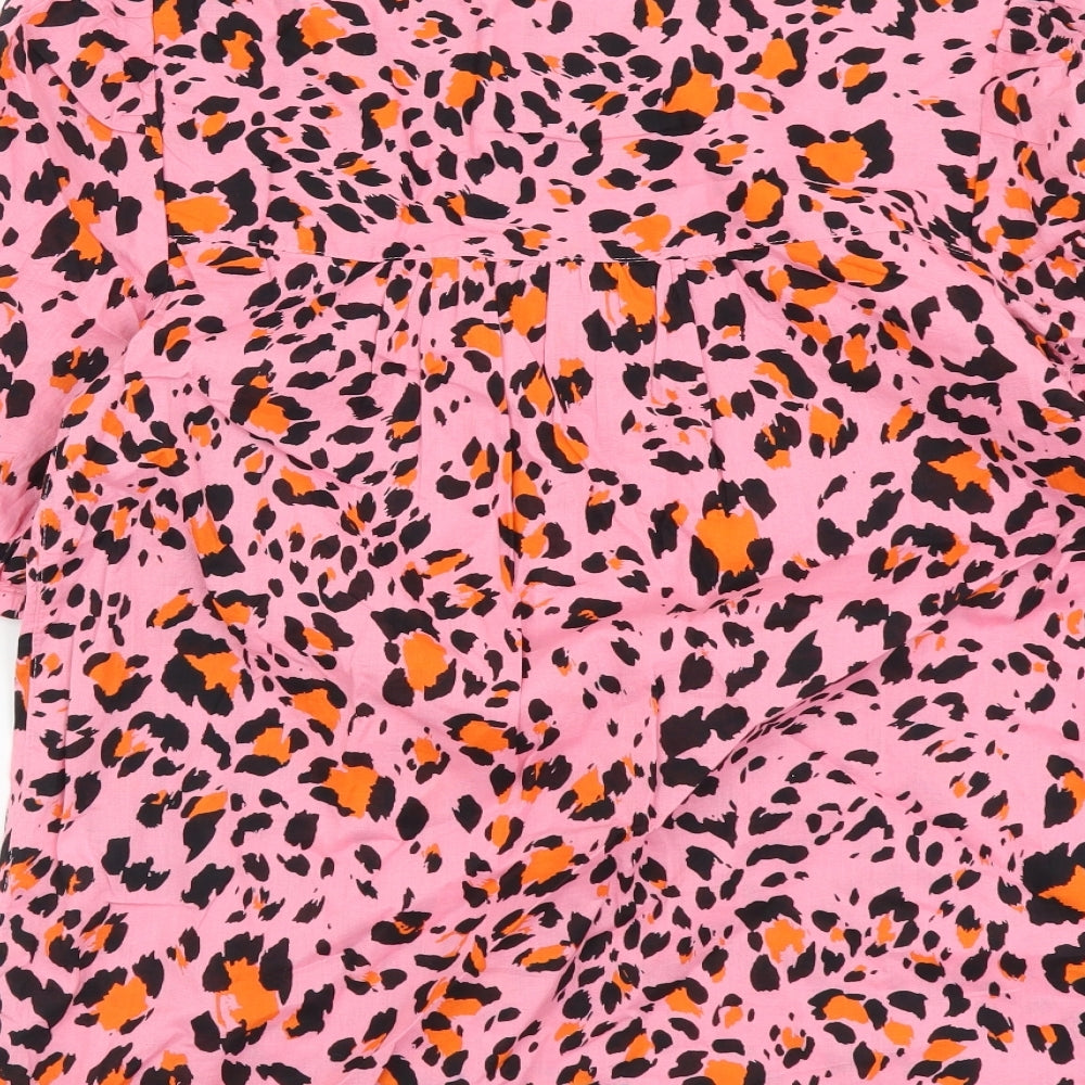 Marks and Spencer Womens Pink Animal Print Cotton Basic Blouse Size 6 Round Neck - Leopard Print