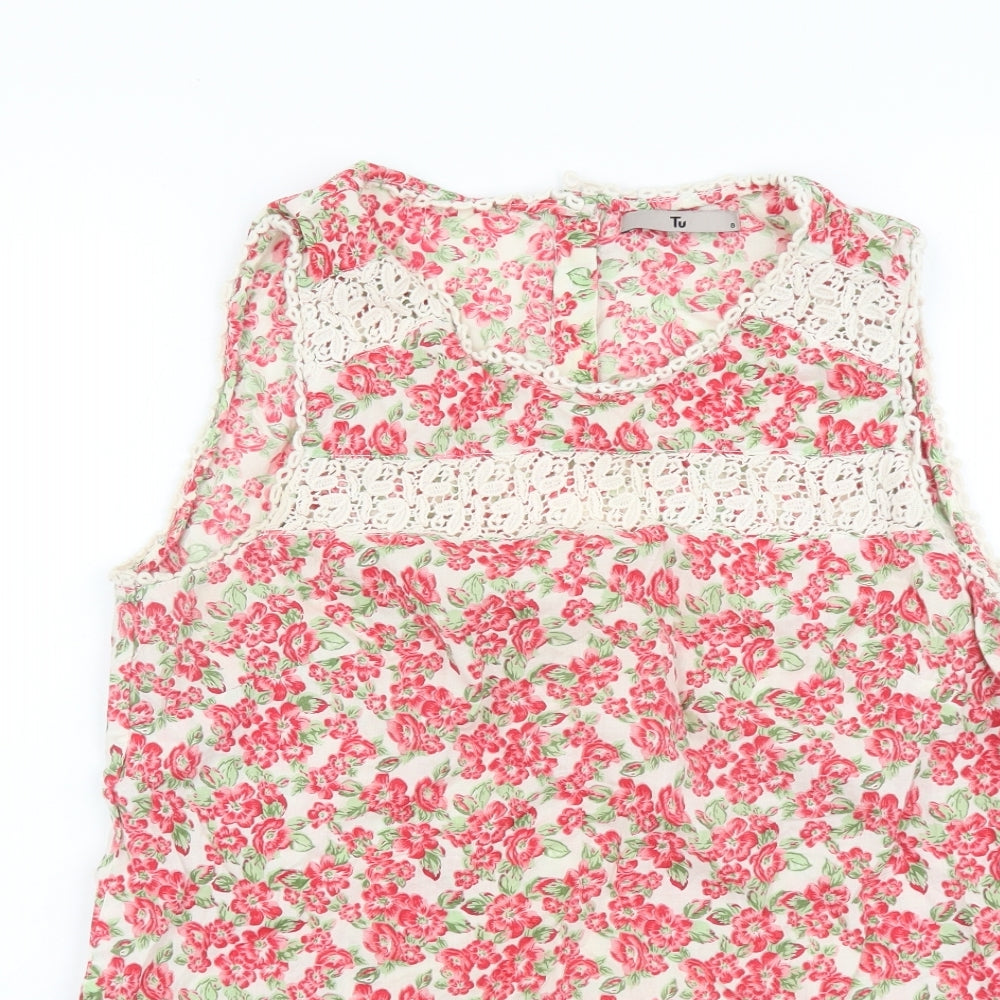 TU Womens Pink Floral Cotton Basic Tank Size 8 Scoop Neck