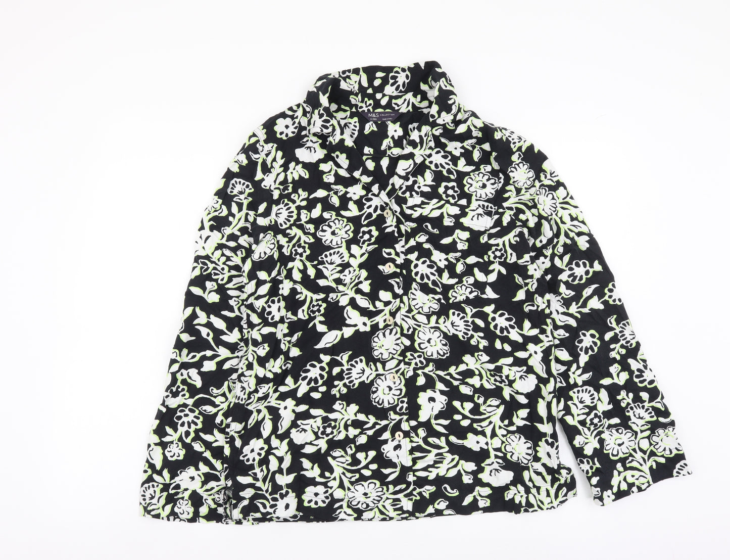 Marks and Spencer Womens Black Floral Viscose Basic Button-Up Size 6 Collared