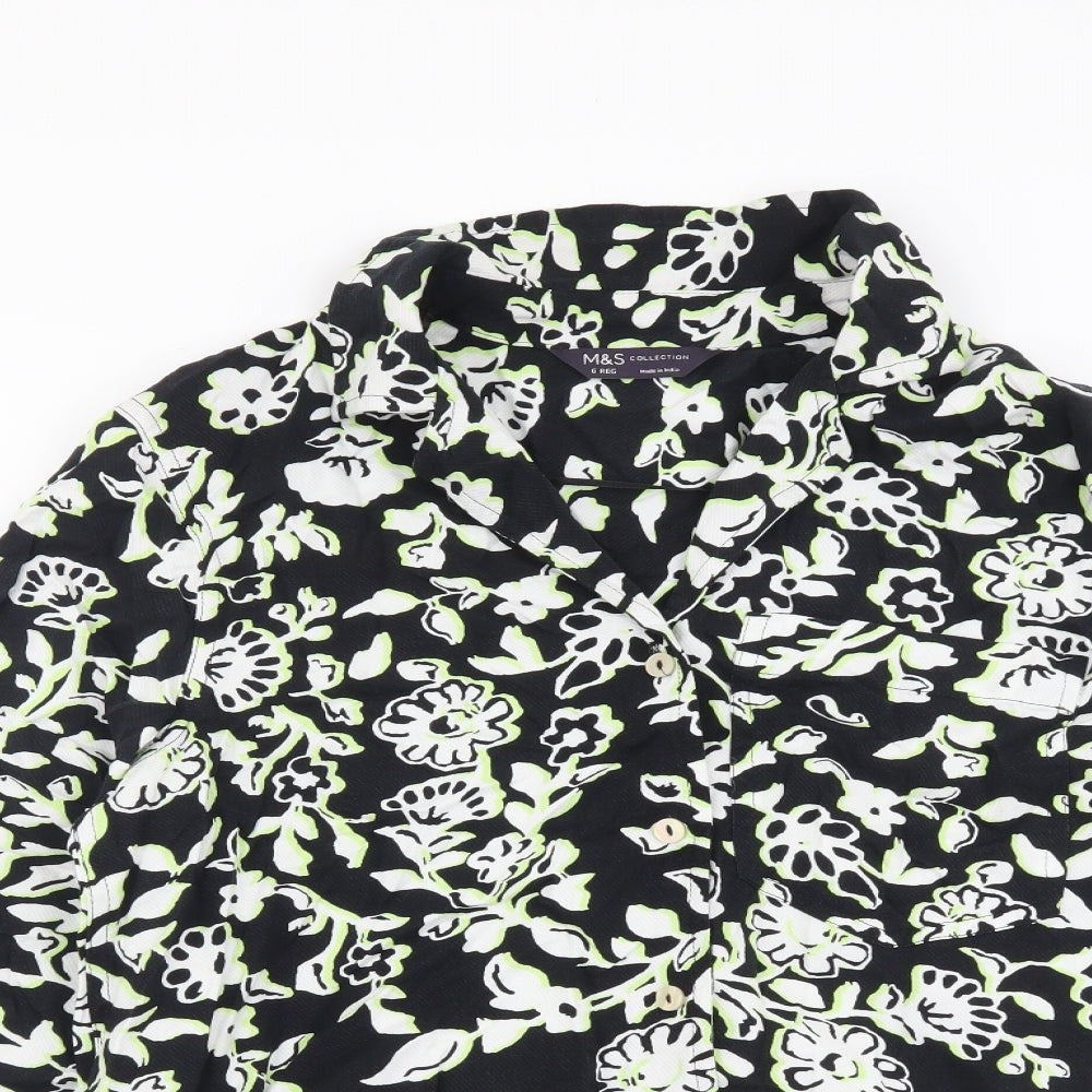 Marks and Spencer Womens Black Floral Viscose Basic Button-Up Size 6 Collared