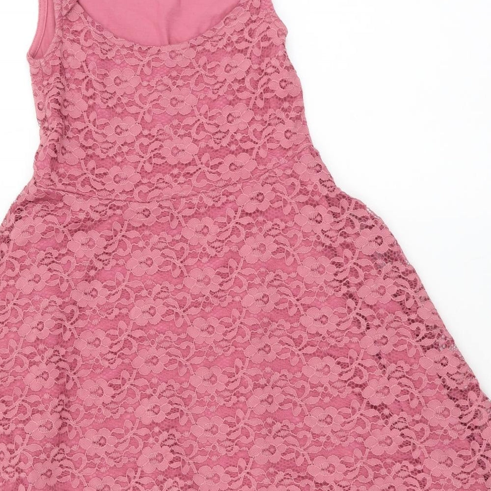 TU Girls Pink Geometric Polyester Skater Dress Size 8 Years Round Neck Pullover