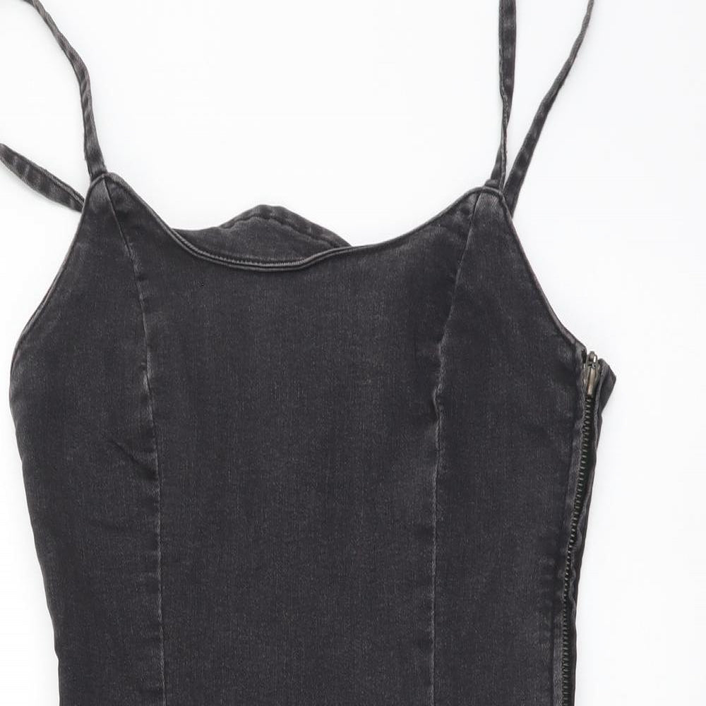 H&M Womens Grey Cotton Bodycon Size M Scoop Neck Zip