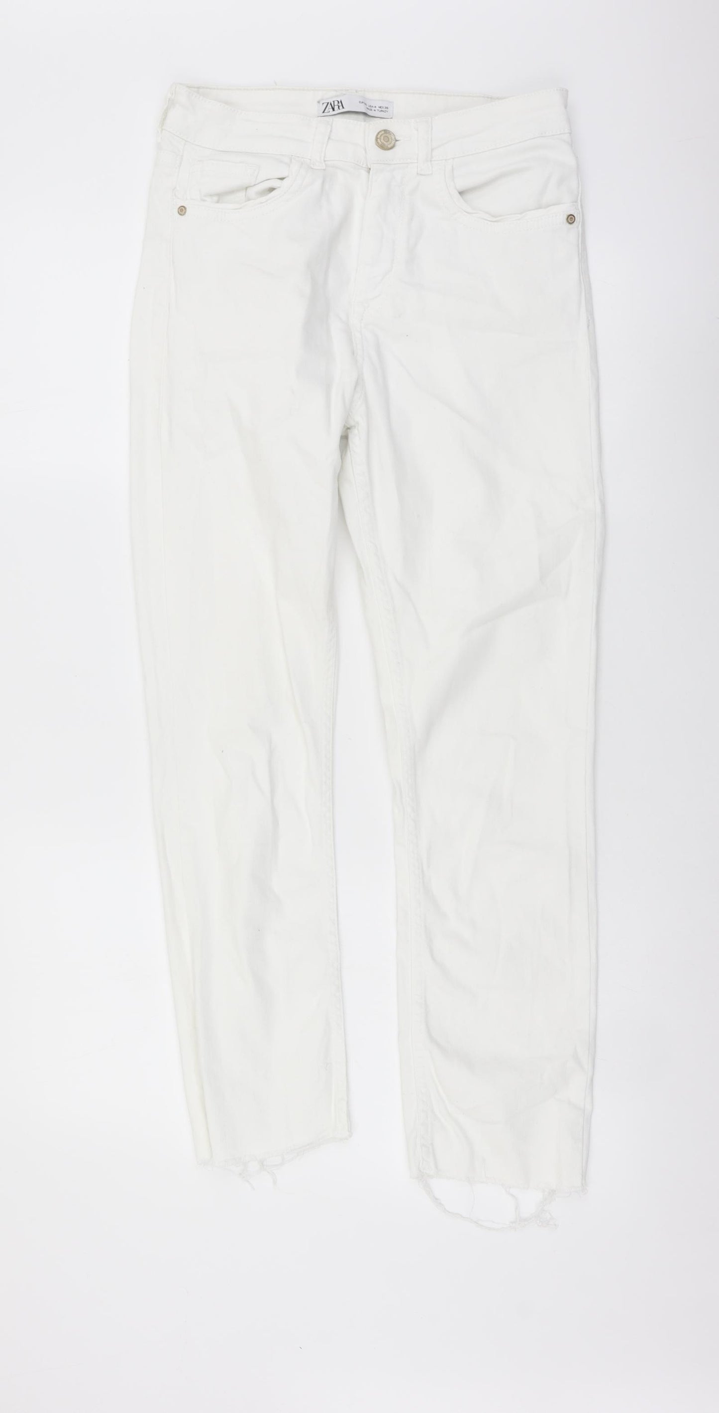 Zara Womens White Cotton Straight Jeans Size S L25 in Regular Button