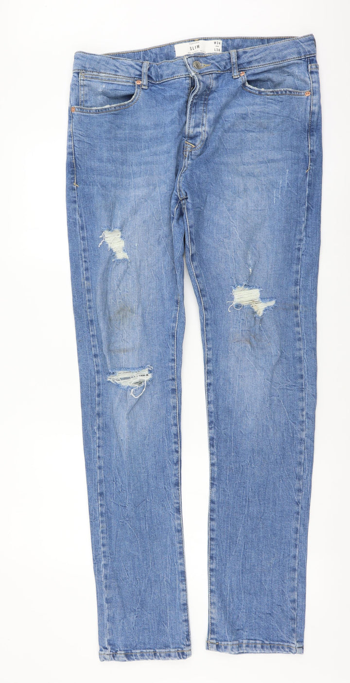 Topman Mens Blue Cotton Straight Jeans Size 34 in L34 in Regular Button
