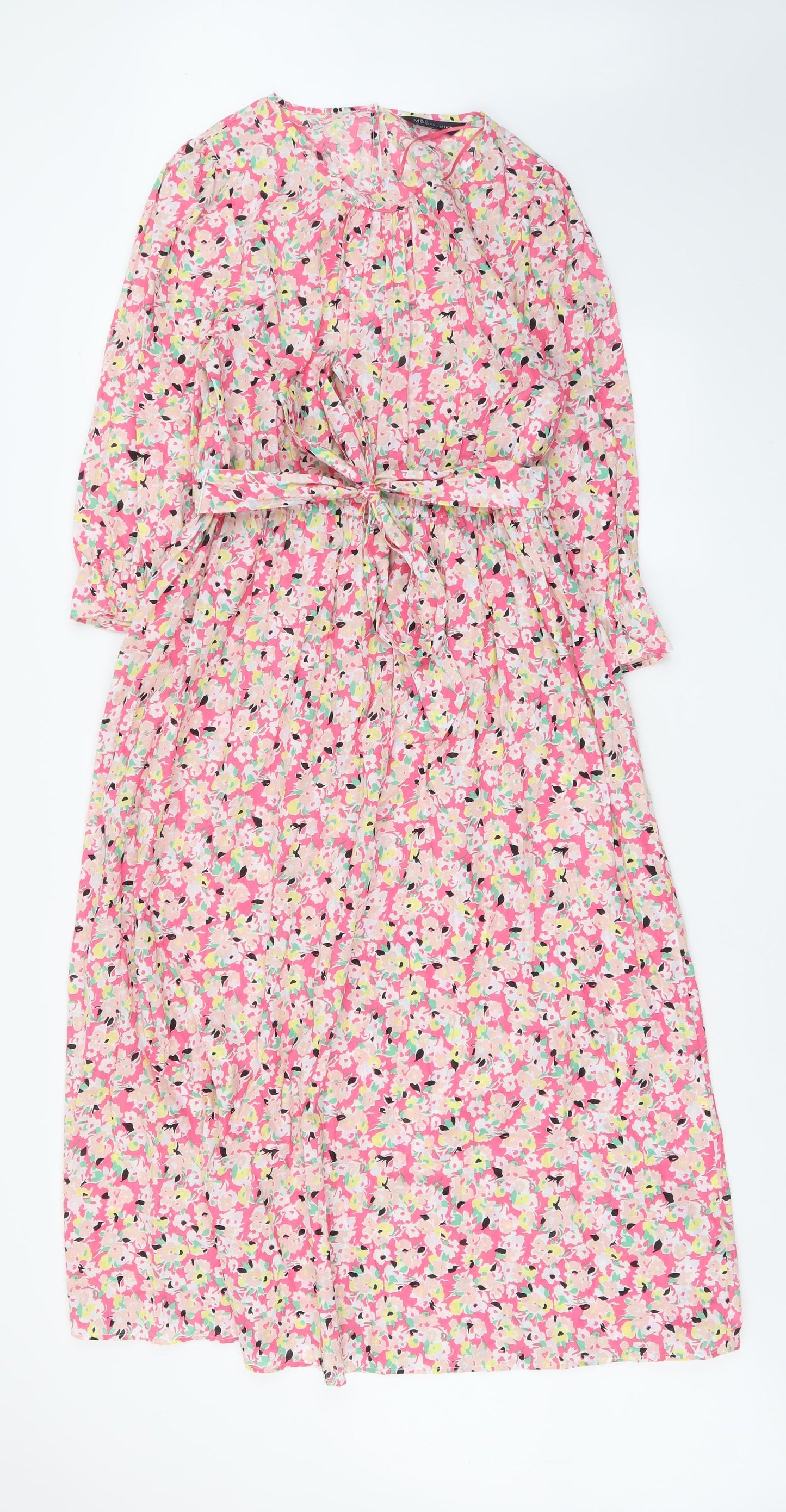 Marks and Spencer Womens Pink Floral Cotton A-Line Size 12 Boat Neck Button