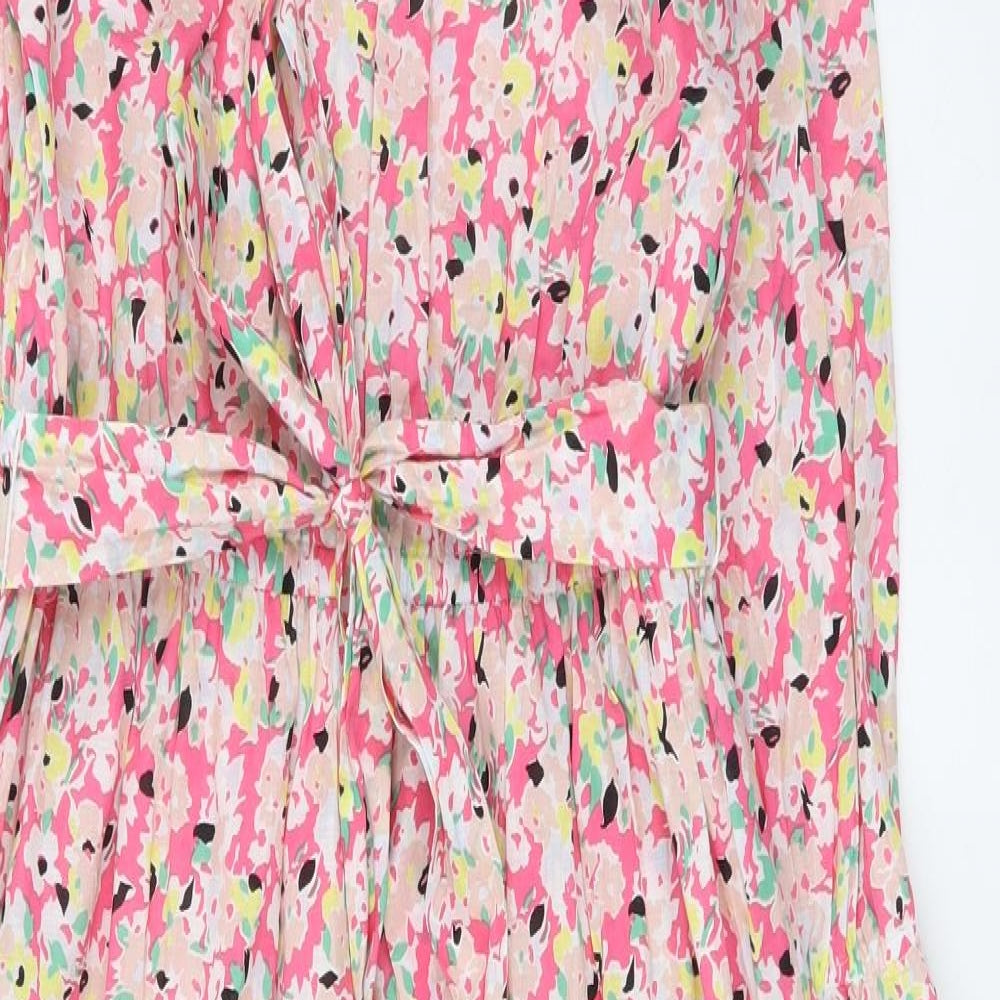 Marks and Spencer Womens Pink Floral Cotton A-Line Size 12 Boat Neck Button