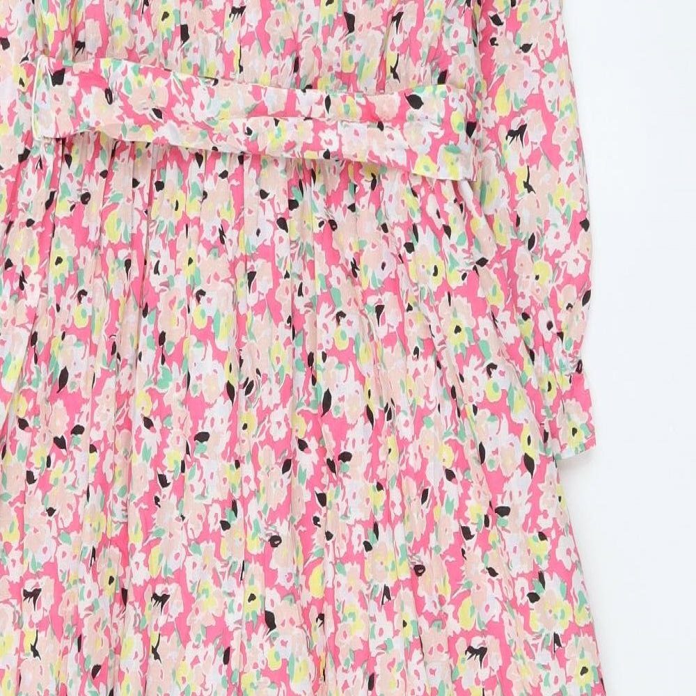 Marks and Spencer Womens Pink Floral Cotton A-Line Size 12 Boat Neck Button