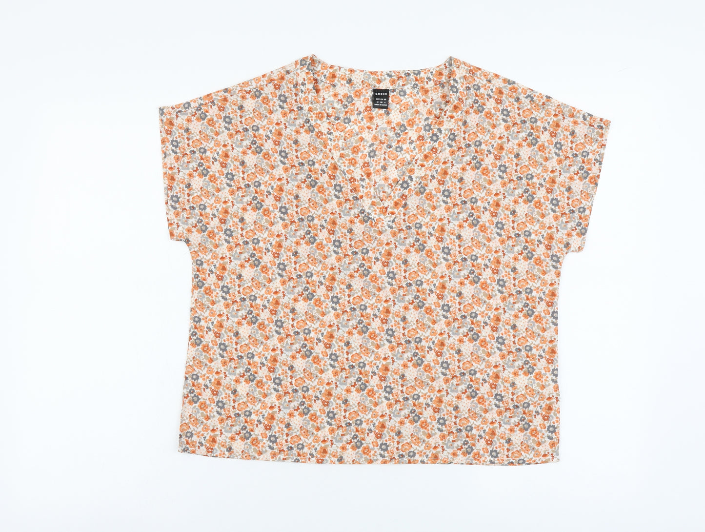 SheIn Womens Orange Floral Polyester Basic T-Shirt Size M Scoop Neck