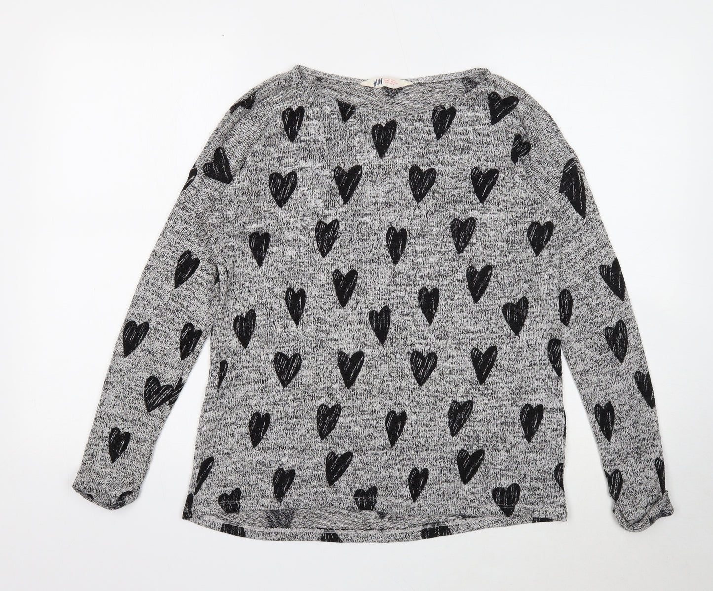 H&M Girls Grey Round Neck Geometric Acrylic Pullover Jumper Size 14 Years Pullover - Heart Pattern