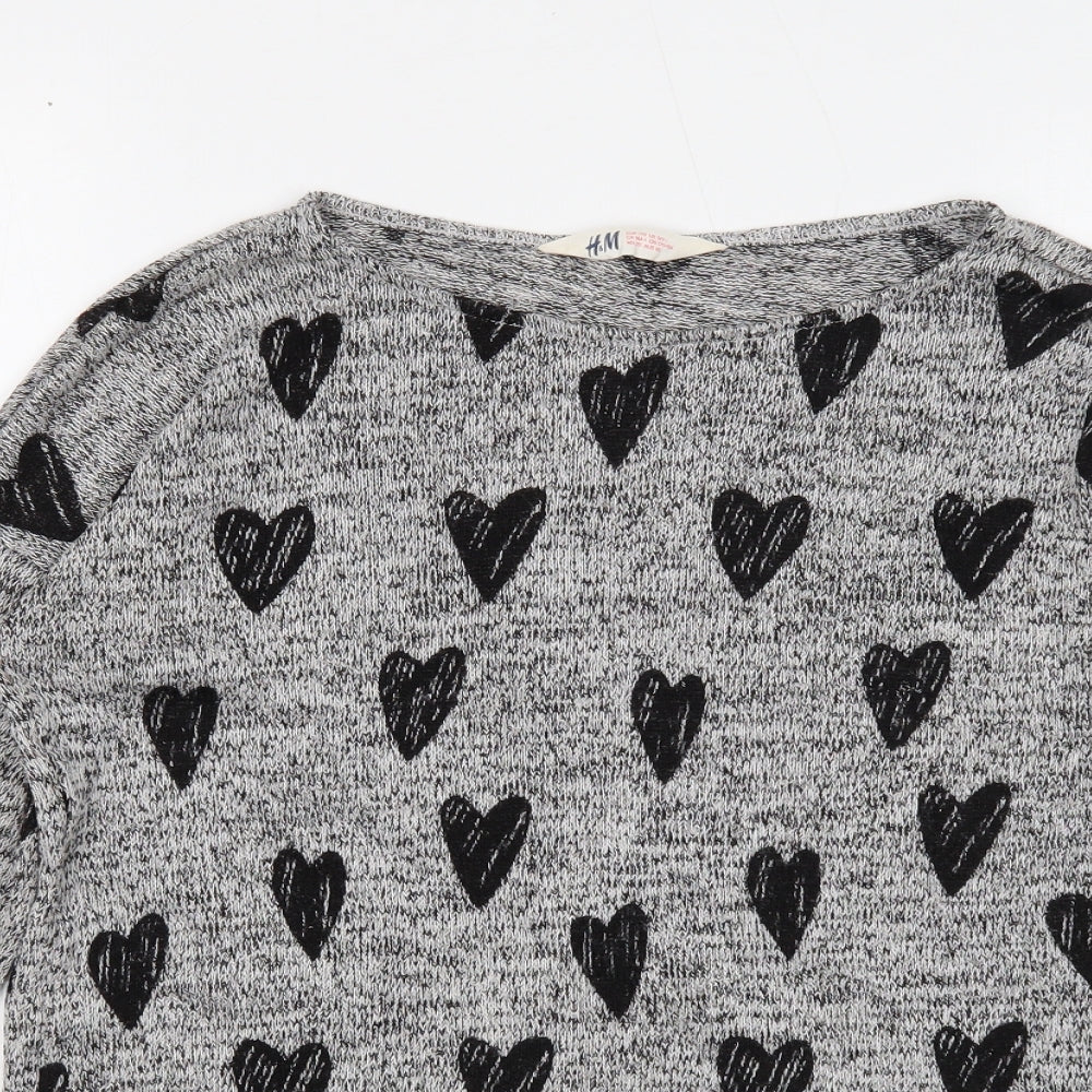 H&M Girls Grey Round Neck Geometric Acrylic Pullover Jumper Size 14 Years Pullover - Heart Pattern