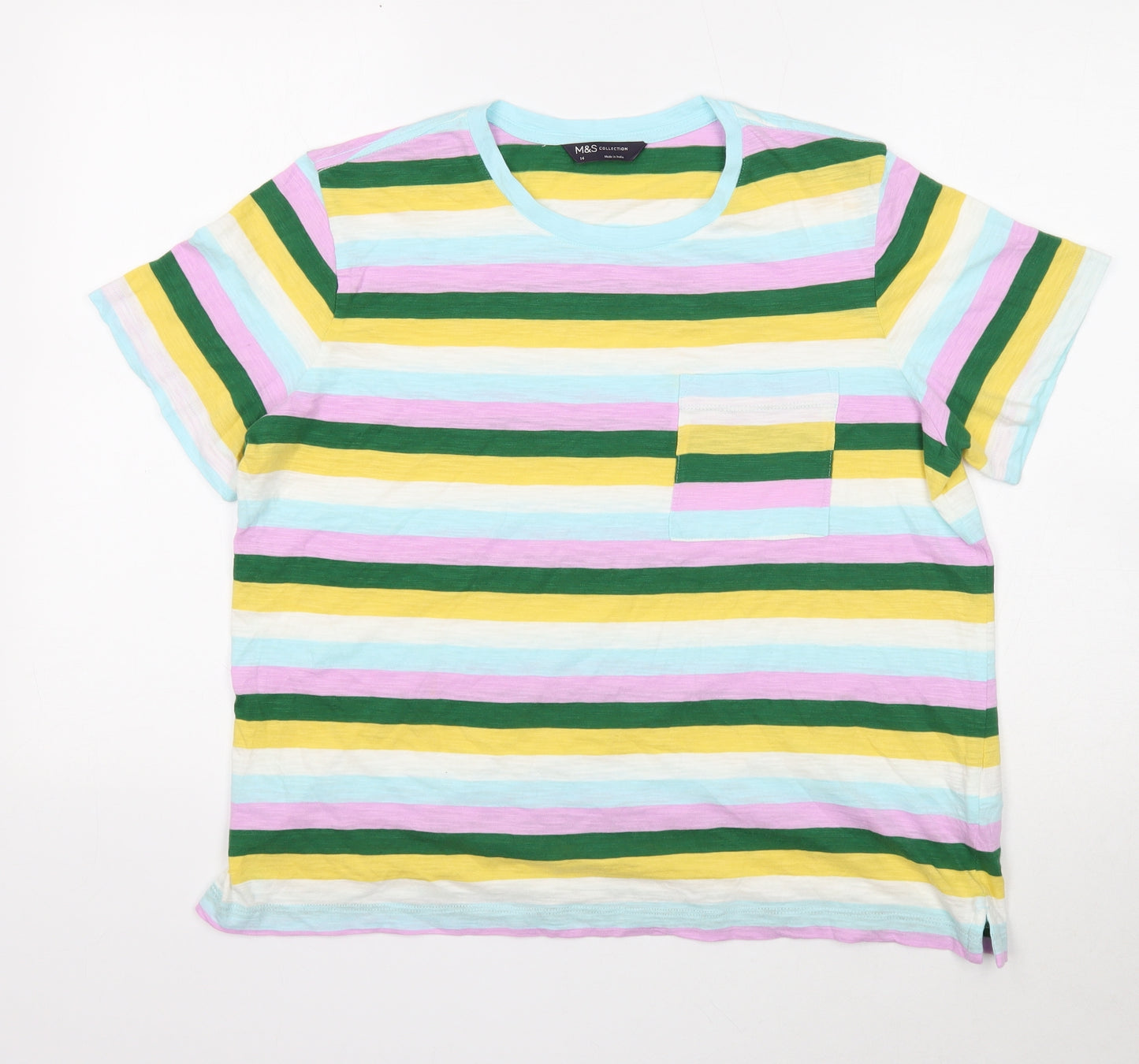 Marks and Spencer Womens Multicoloured Striped Cotton Basic T-Shirt Size 14 Round Neck