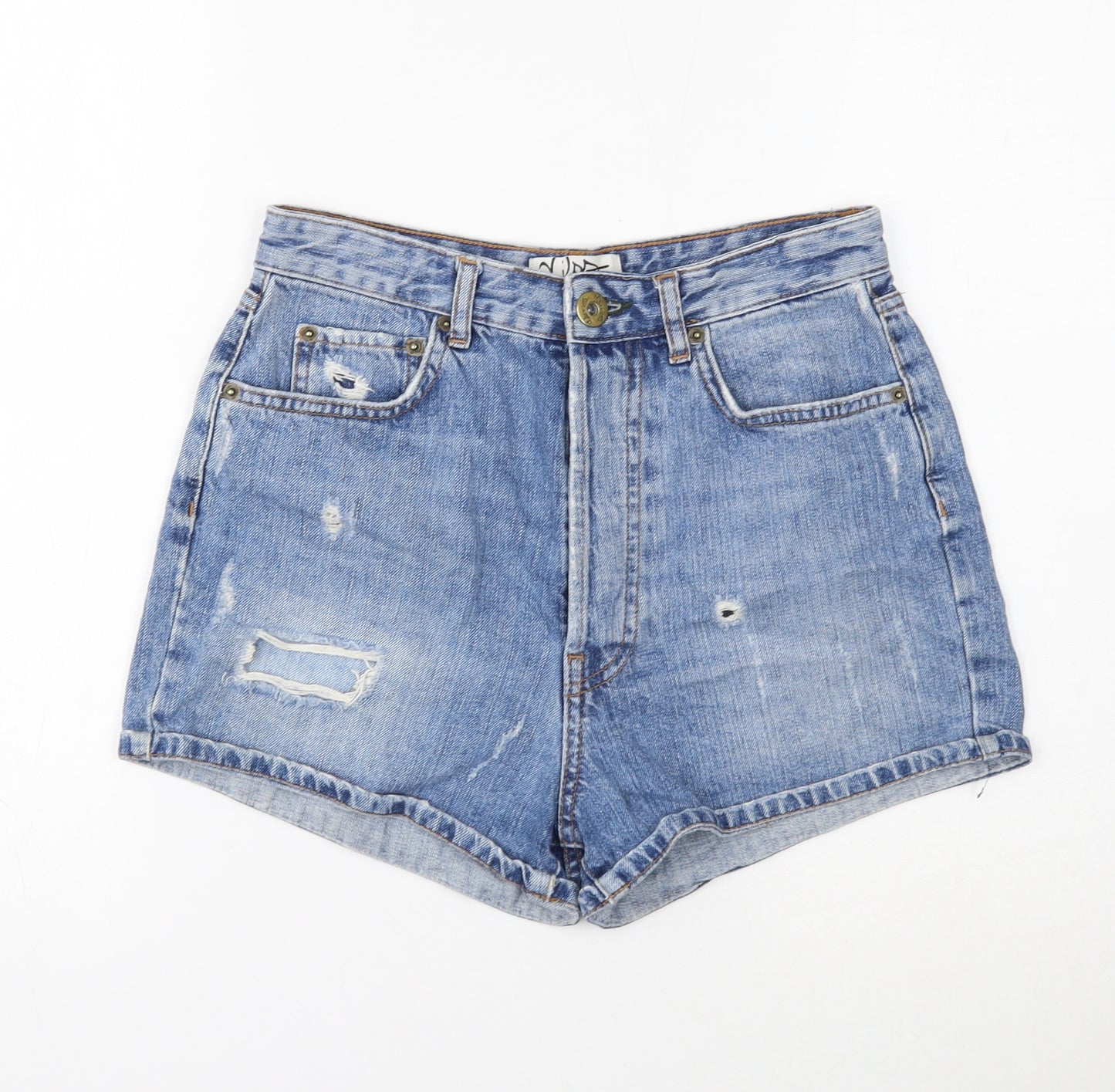 Miss Selfridge Womens Blue Cotton Hot Pants Shorts Size 10 Regular Button - Distressed