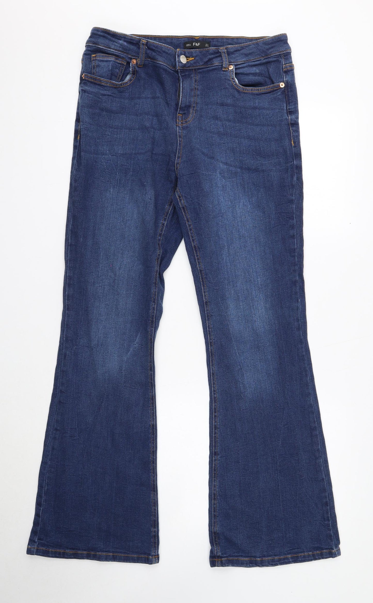 F&F Womens Blue Cotton Bootcut Jeans Size 14 Regular Button