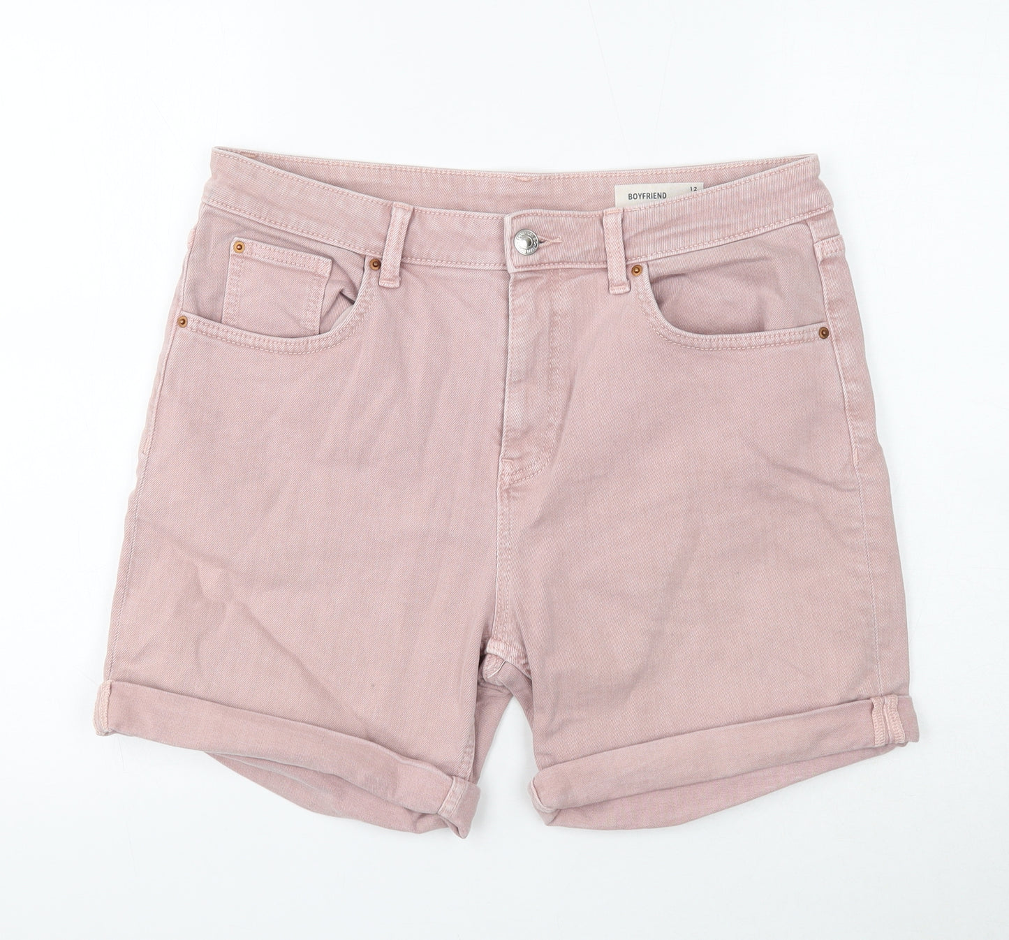 Marks and Spencer Womens Pink Herringbone Cotton Chino Shorts Size 12 Regular Button