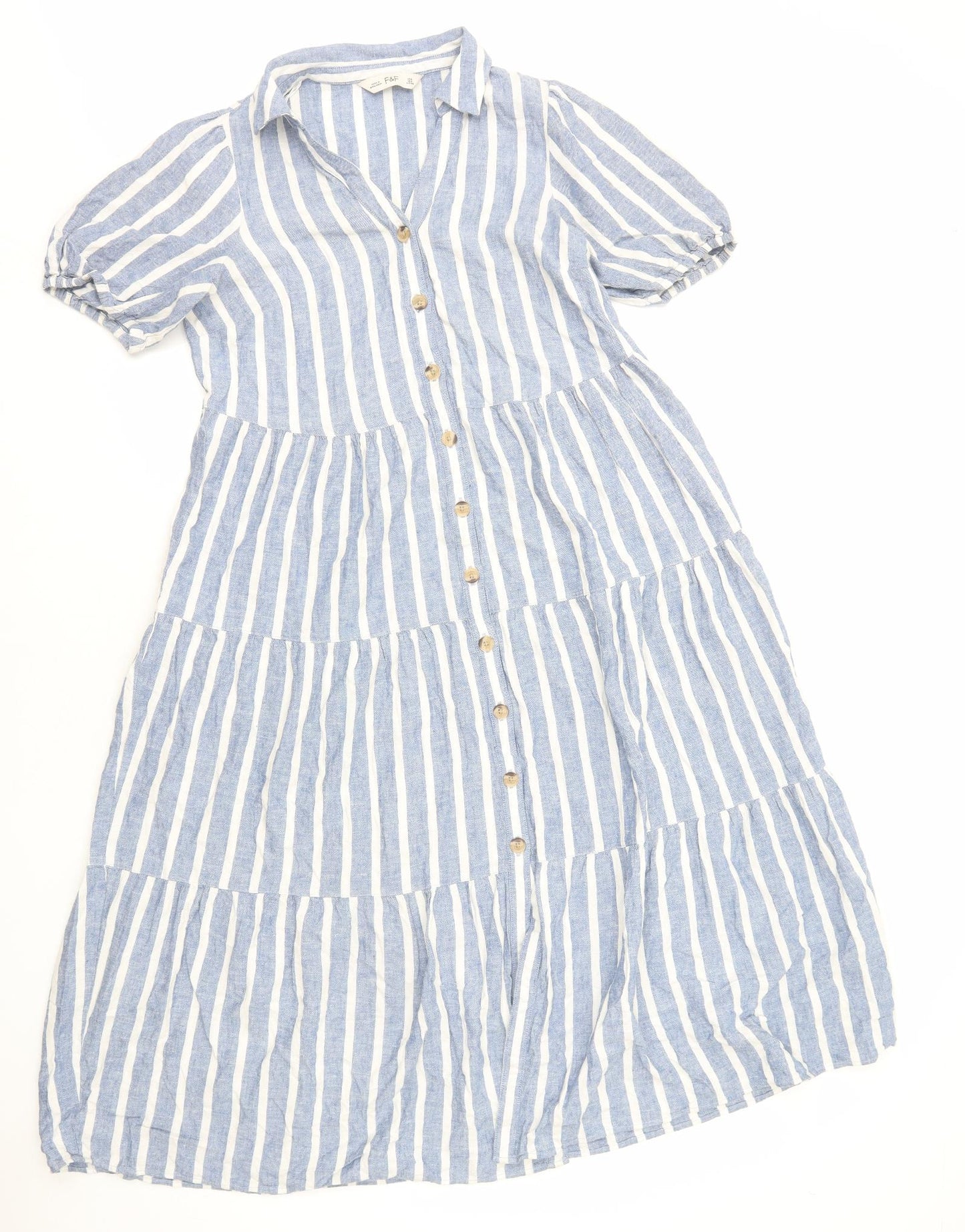 F&F Womens Blue Striped Cotton Shirt Dress Size 6 Collared Button - Tiered