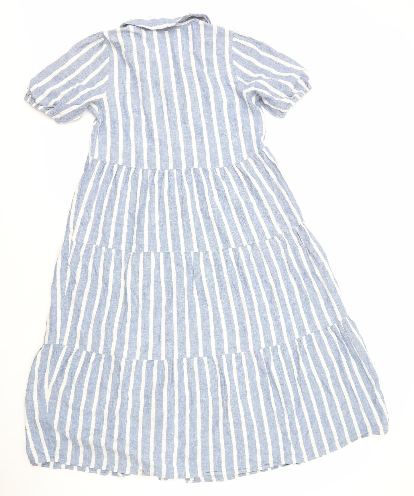 F&F Womens Blue Striped Cotton Shirt Dress Size 6 Collared Button - Tiered