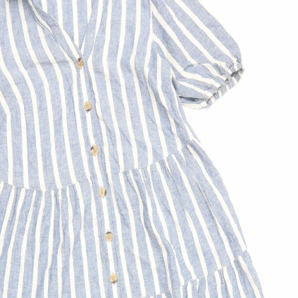 F&F Womens Blue Striped Cotton Shirt Dress Size 6 Collared Button - Tiered