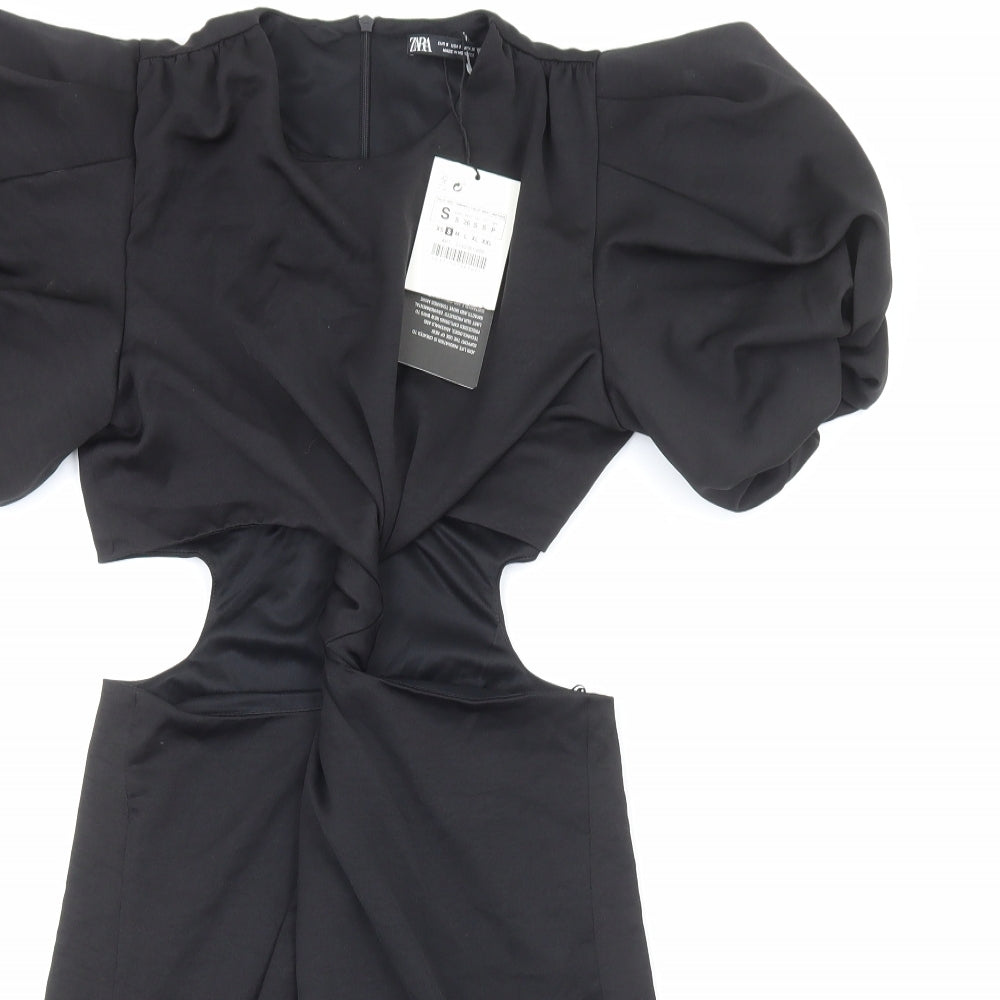 Zara Womens Black Polyester Pencil Dress Size S Round Neck Zip