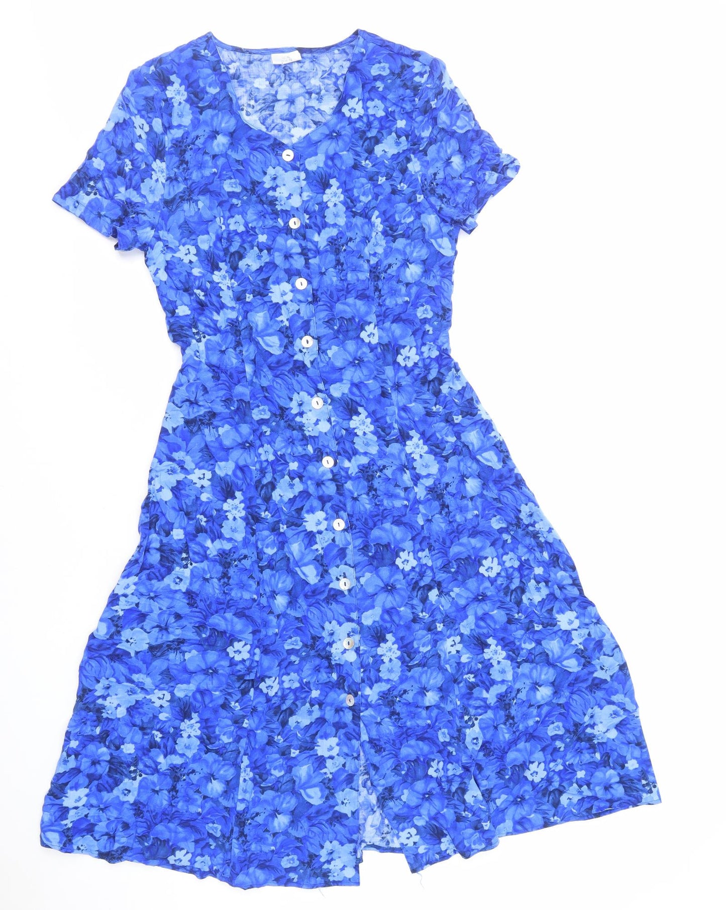 Preworn Womens Blue Floral Cotton Fit & Flare Size 10 V-Neck Button