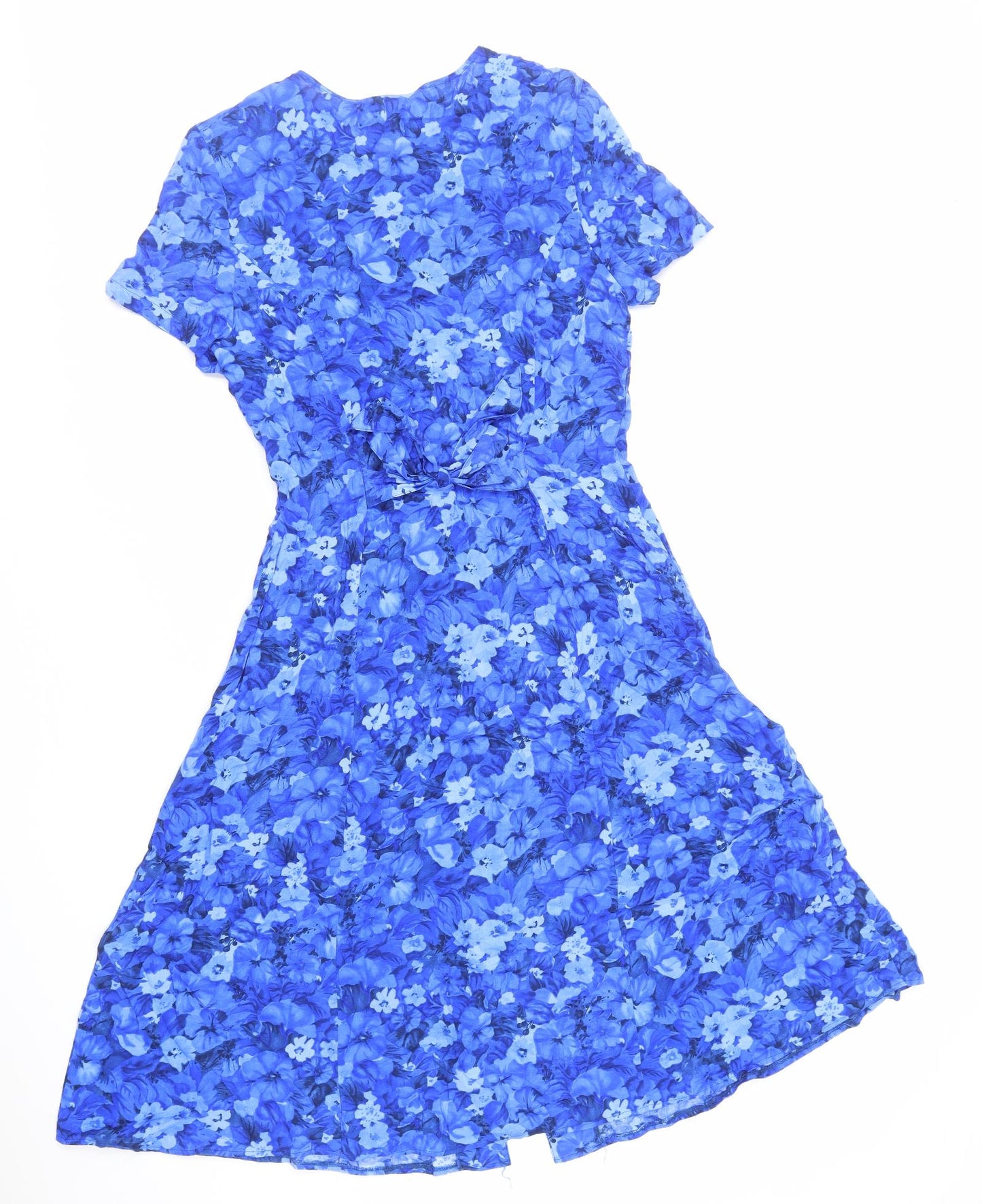 Preworn Womens Blue Floral Cotton Fit & Flare Size 10 V-Neck Button