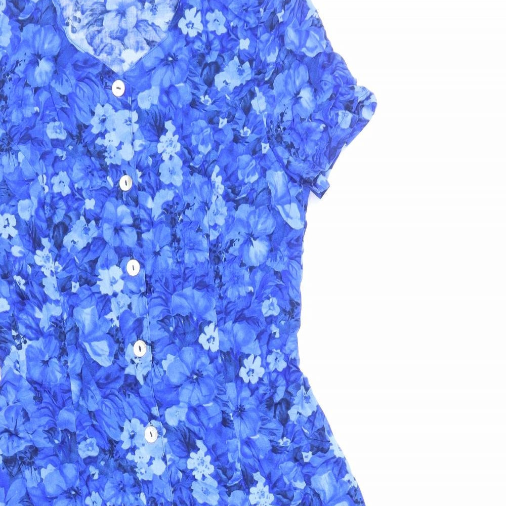 Preworn Womens Blue Floral Cotton Fit & Flare Size 10 V-Neck Button