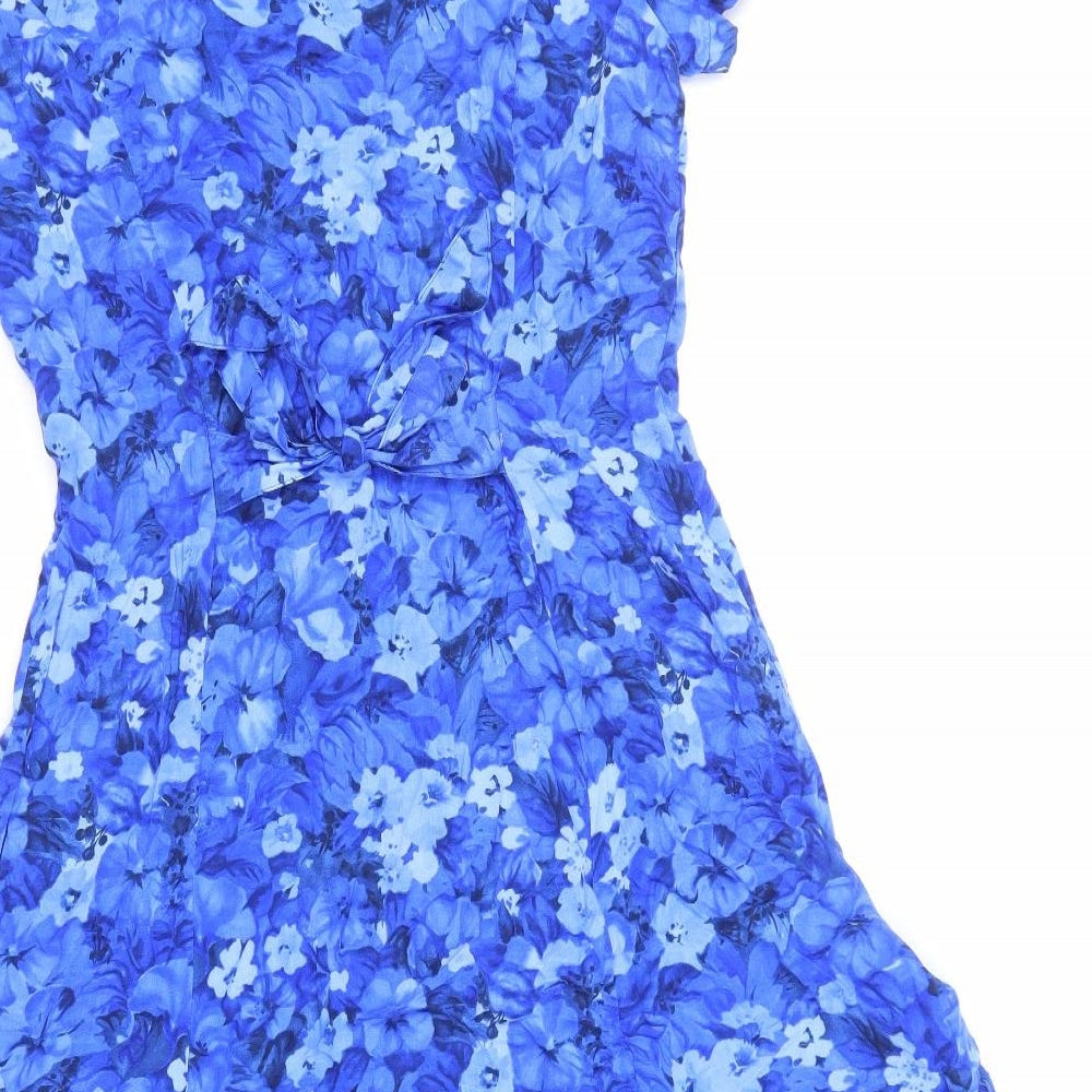Preworn Womens Blue Floral Cotton Fit & Flare Size 10 V-Neck Button