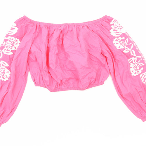 Marks and Spencer Womens Pink Cotton Cropped Blouse Size 14 Off the Shoulder