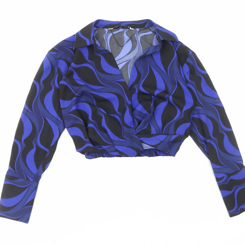 Zara Womens Blue Geometric Polyester Cropped Blouse Size XS Collared - Faux Wrap