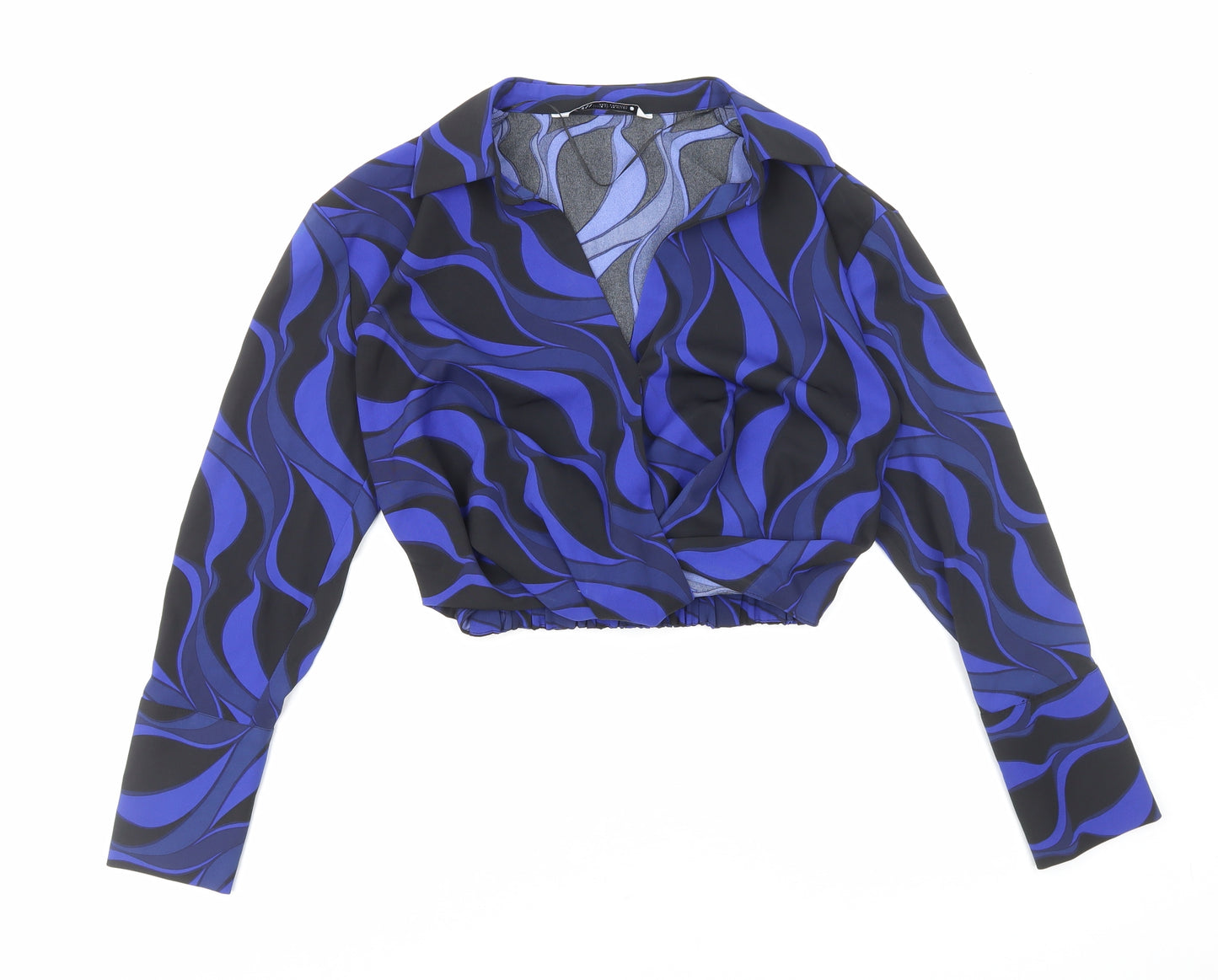 Zara Womens Blue Geometric Polyester Cropped Blouse Size XS Collared - Faux Wrap