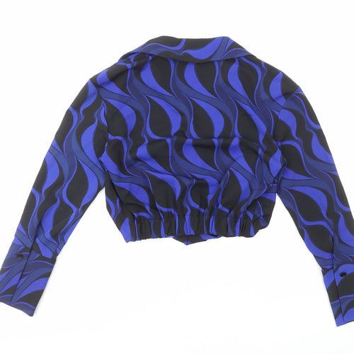 Zara Womens Blue Geometric Polyester Cropped Blouse Size XS Collared - Faux Wrap