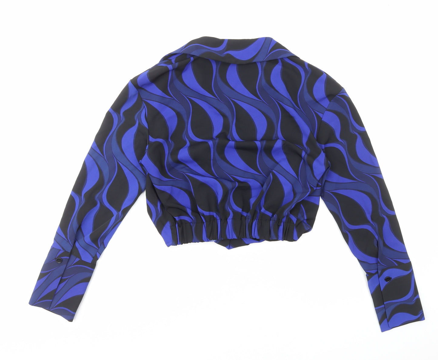 Zara Womens Blue Geometric Polyester Cropped Blouse Size XS Collared - Faux Wrap