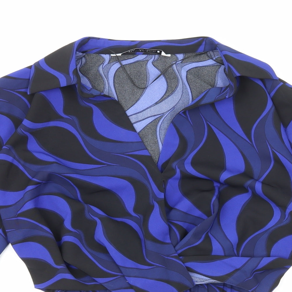 Zara Womens Blue Geometric Polyester Cropped Blouse Size XS Collared - Faux Wrap