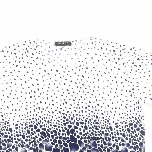 Hong Yu Womens Blue Geometric Polyester Basic T-Shirt Size L Crew Neck