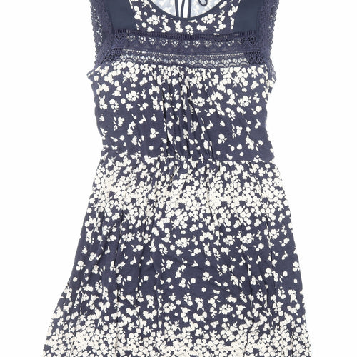 Oasis Womens Blue Floral Viscose A-Line Size M Boat Neck Pullover - Lace Trim
