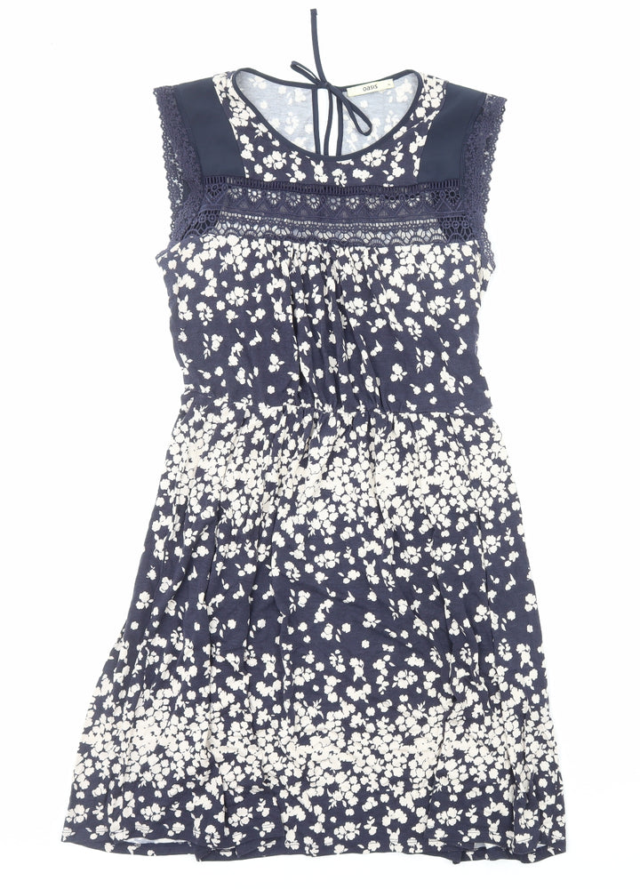 Oasis Womens Blue Floral Viscose A-Line Size M Boat Neck Pullover - Lace Trim