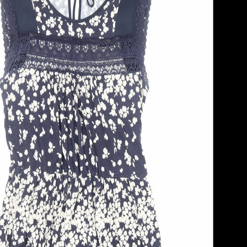 Oasis Womens Blue Floral Viscose A-Line Size M Boat Neck Pullover - Lace Trim