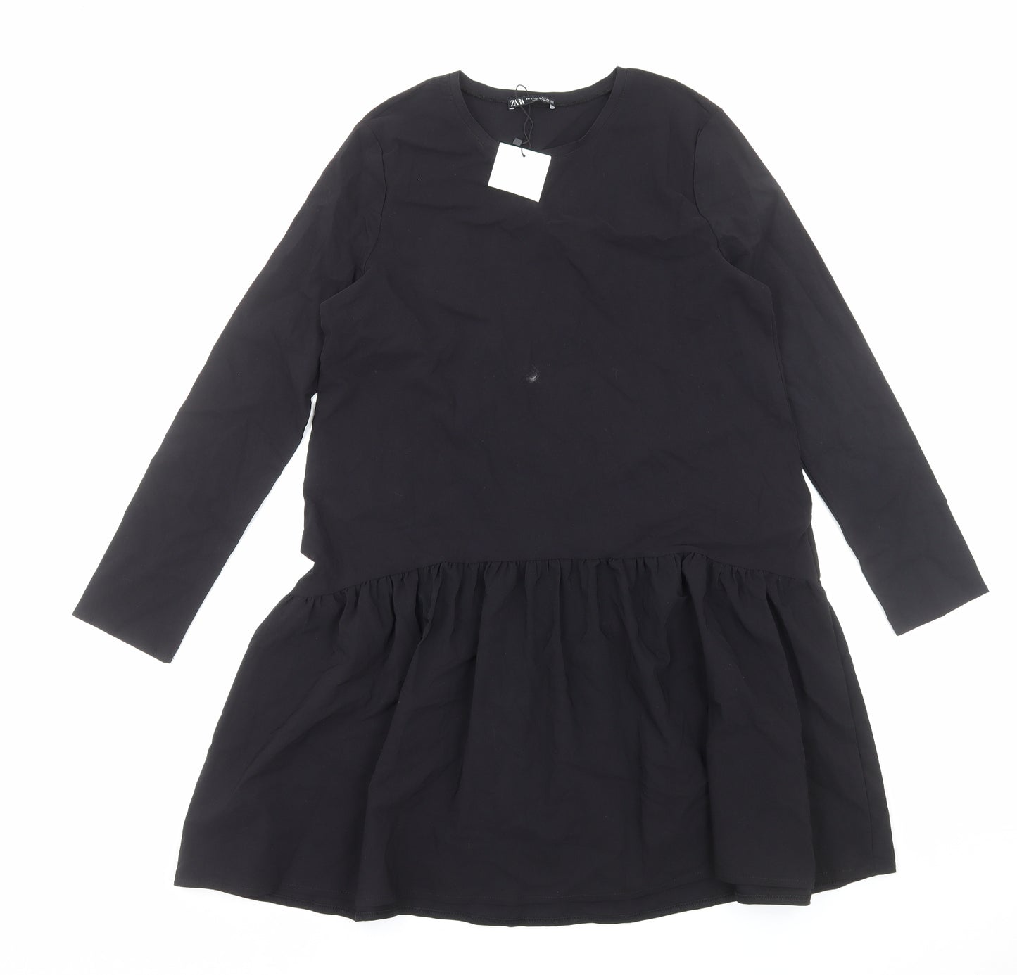 Zara Womens Black Cotton T-Shirt Dress Size S Round Neck Pullover
