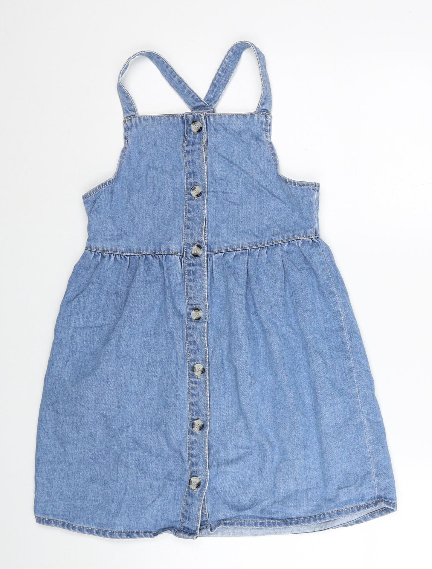 M&Co Girls Blue Cotton Skater Dress Size 8-9 Years Square Neck Button